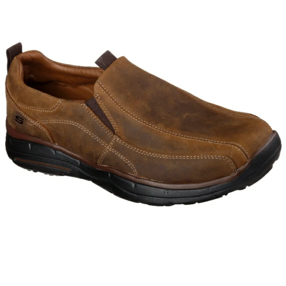 New Skechers Men's 12 Leather Brown Relaxed Fit Gel Memory Foam Slip On Loafer